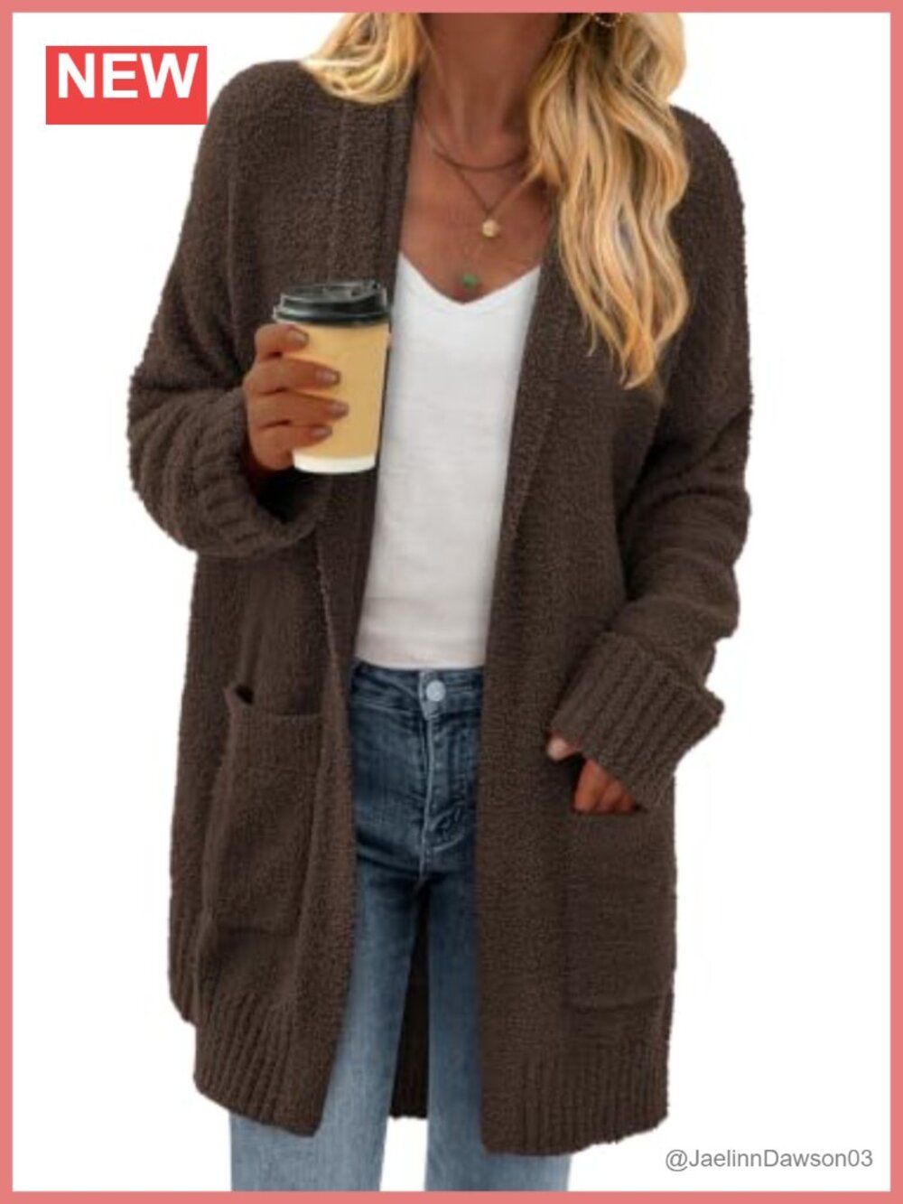 Chunky fuzzy knit open front long cardigan with pockets